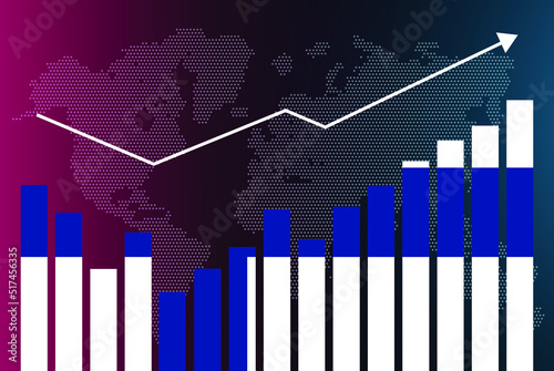 Finland bar chart graph with ups and downs, increasing values, Finland country flag on bar graph, upward rising arrow on data, news banner idea, developing country concept