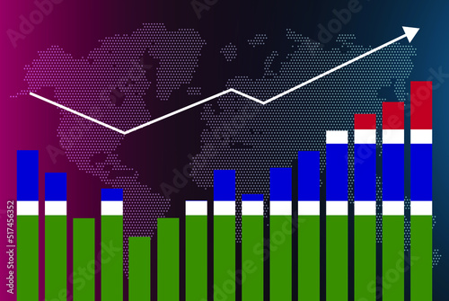 Gambia bar chart graph with ups and downs, increasing values, Gambia country flag on bar graph, upward rising arrow on data, news banner idea, developing country concept