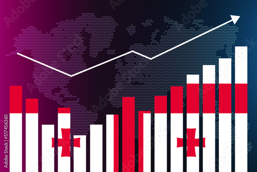 Georgia bar chart graph with ups and downs, increasing values, Georgia country flag on bar graph, upward rising arrow on data, news banner idea, developing country concept