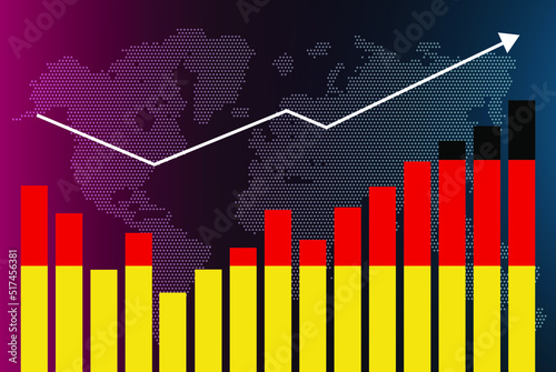 Germany bar chart graph with ups and downs, increasing values, Germany country flag on bar graph, upward rising arrow on data, news banner idea, developing country concept