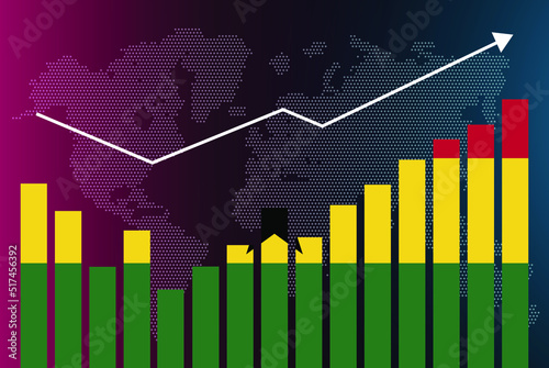 Ghana bar chart graph with ups and downs, increasing values, Ghana country flag on bar graph, upward rising arrow on data, news banner idea, developing country concept