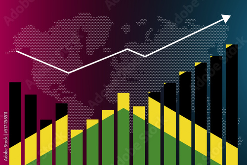 Jamaica bar chart graph with ups and downs, increasing values, Jamaica country flag on bar graph, upward rising arrow on data, news banner idea, developing country concept