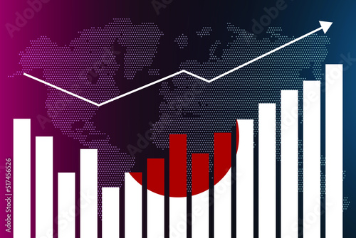 Japan bar chart graph with ups and downs, increasing values, Japan country flag on bar graph, upward rising arrow on data, news banner idea, developing country concept