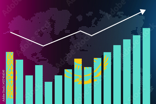 Kazakhstan bar chart graph with ups and downs, increasing values, Kazakhstan country flag on bar graph, upward rising arrow on data, news banner idea, developing country concept
