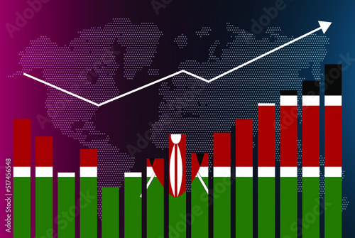 Kenya bar chart graph with ups and downs, increasing values, Kenya country flag on bar graph, upward rising arrow on data, news banner idea, developing country concept