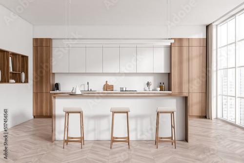 Light kitchen interior with countertop and seats  shelves and decoration  window