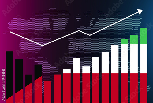 Kuwait bar chart graph with ups and downs, increasing values, Kuwait country flag on bar graph, upward rising arrow on data, news banner idea, developing country concept