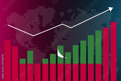 Maldives bar chart graph with ups and downs, increasing values, Maldives country flag on bar graph, upward rising arrow on data, news banner idea, developing country concept
