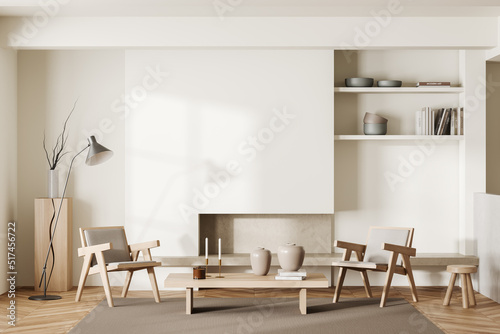 Slika na platnu Light chill interior with two seats, shelf and decoration, mockup