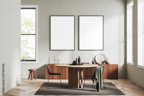 Light guest room interior with seats and table, drawer and window. Mockup frame © denisismagilov