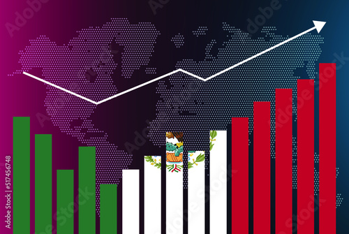 Mexico bar chart graph with ups and downs, increasing values, Mexico country flag on bar graph, upward rising arrow on data, news banner idea, developing country concept