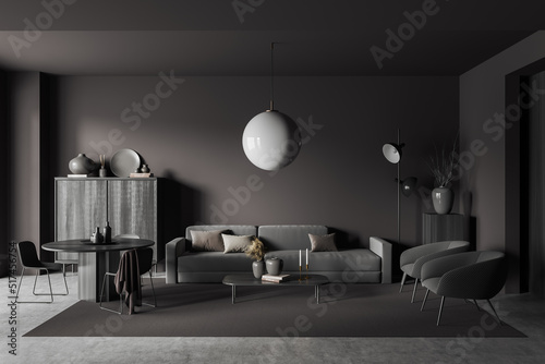Grey relax room interior with eating table and couch with armchair, drawer