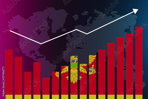 Montenegro bar chart graph with ups and downs, increasing values, Montenegro country flag on bar graph, upward rising arrow on data, news banner idea, developing country concept
