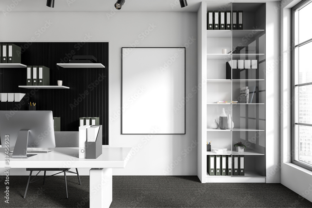 Light business room interior with desk and computer, panoramic window ...