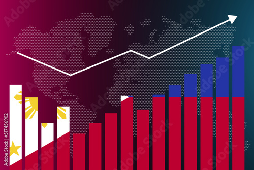 Philippines bar chart graph with ups and downs, increasing values, Philippines country flag on bar graph, upward rising arrow on data, news banner idea, developing country concept