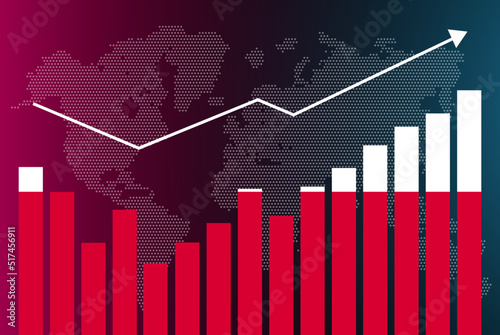 Poland bar chart graph with ups and downs, increasing values, Poland country flag on bar graph, upward rising arrow on data, news banner idea, developing country concept
