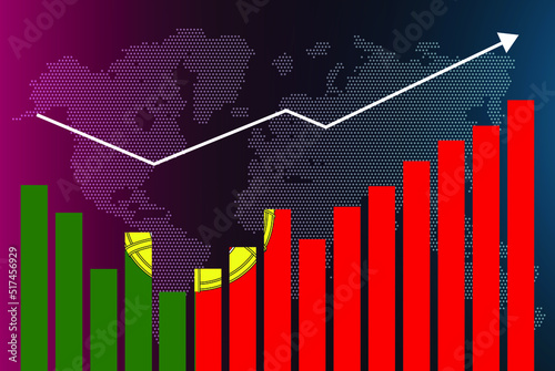 Portugal bar chart graph with ups and downs, increasing values, Portugal country flag on bar graph, upward rising arrow on data, news banner idea, developing country concept