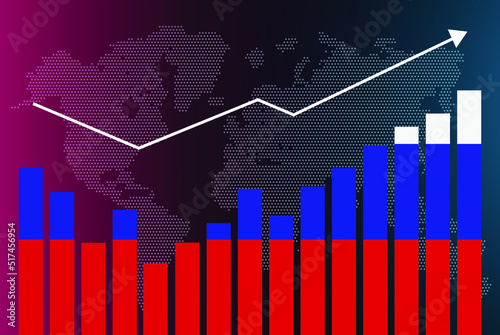 Russia bar chart graph with ups and downs, increasing values, Russia country flag on bar graph, upward rising arrow on data, news banner idea, developing country concept