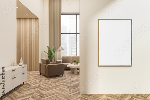 Light relax interior with couch and drawer  panoramic window. Mockup frame