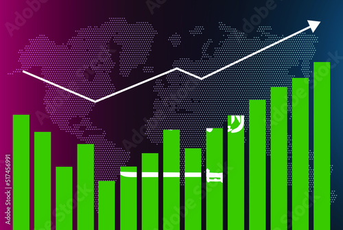 Saudi Arabia bar chart graph with ups and downs, increasing values, Saudi Arabia country flag on bar graph, upward rising arrow on data, news banner idea, developing country concept