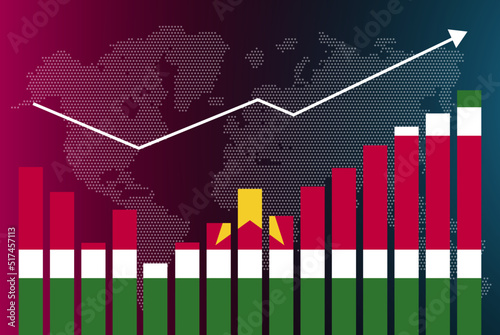 Suriname bar chart graph with ups and downs, increasing values, Suriname country flag on bar graph, upward rising arrow on data, news banner idea, developing country concept