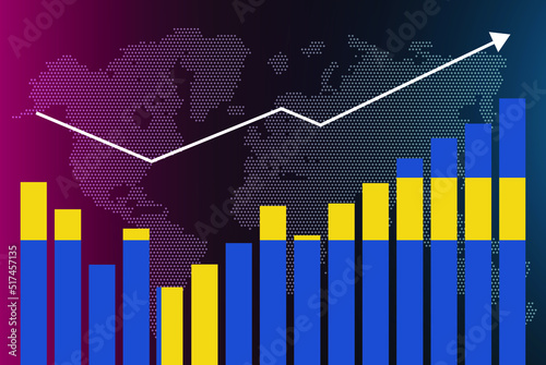 Sweden bar chart graph with ups and downs, increasing values, Sweden country flag on bar graph, upward rising arrow on data, news banner idea, developing country concept