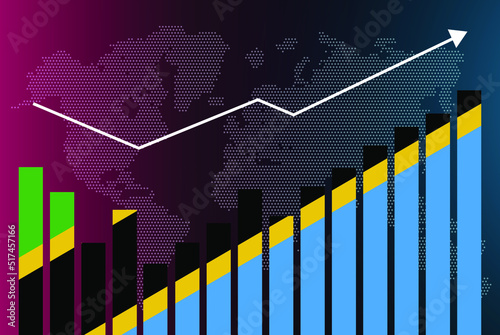 Tanzania bar chart graph with ups and downs, increasing values, Tanzania country flag on bar graph, upward rising arrow on data, news banner idea, developing country concept