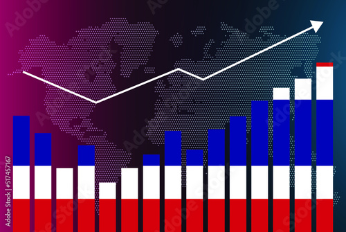 Thailand bar chart graph with ups and downs, increasing values, Thailand country flag on bar graph, upward rising arrow on data, news banner idea, developing country concept