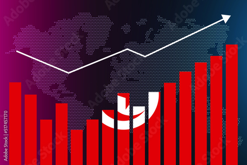 Tunisia bar chart graph with ups and downs, increasing values, Tunisia country flag on bar graph, upward rising arrow on data, news banner idea, developing country concept