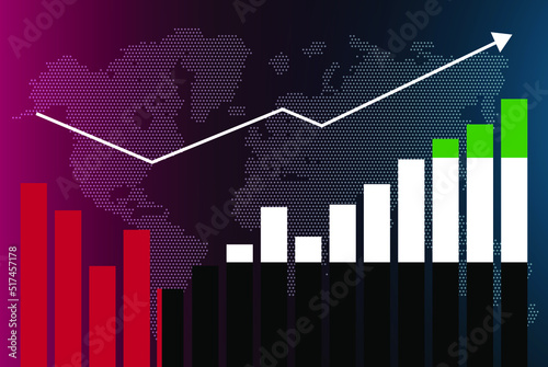 UAE bar chart graph with ups and downs, increasing values, UAE country flag on bar graph, upward rising arrow on data, news banner idea, developing country concept