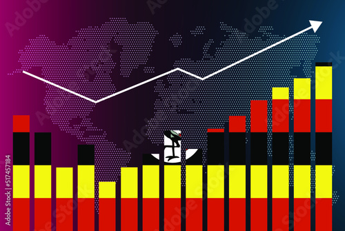 Uganda bar chart graph with ups and downs, increasing values, Uganda country flag on bar graph, upward rising arrow on data, news banner idea, developing country concept