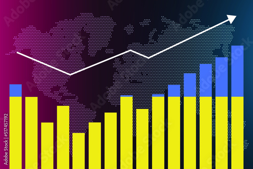 Ukraine bar chart graph with ups and downs, increasing values, Ukraine country flag on bar graph, upward rising arrow on data, news banner idea, developing country concept