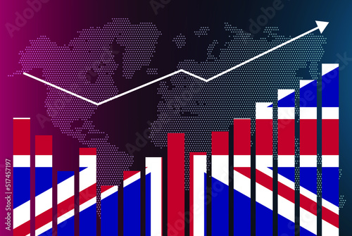 United Kingdom bar chart graph with ups and downs, increasing values, United Kingdom country flag on bar graph, upward rising arrow on data, news banner idea, developing country concept