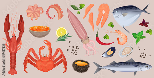 Seafood gourmet set for fresh food menu of market, restaurant vector illustration. Cartoon healthy underwater ingredients for cooking collection with crab salmon lobster shrimp squid octopus tuna