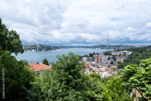 Istanbul Bosphorus bridge with Marmara sea from Fethi Pasha grove, seaside with buildings, cloudy weather, blue sea and ships with Bosphorus bridge, cityscape footage in Istanbul, beautiful landscape