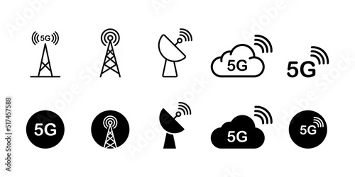 5G signal set icon. Mobile Internet, electric tower, antenna, satellite, cloud, store, online, five g, network, power, communication standard. Technology concept. Vector line icon for Business