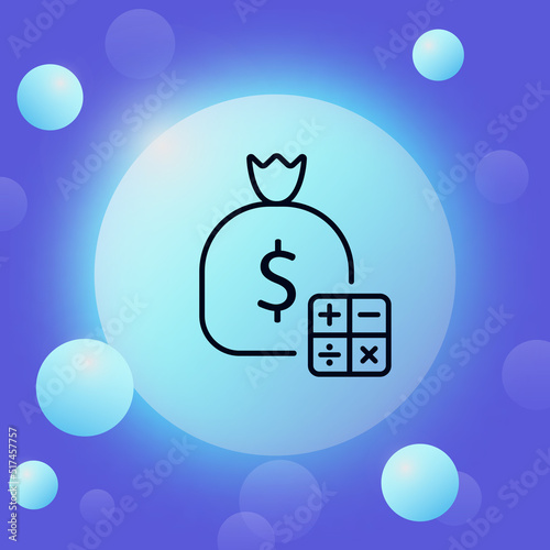 Money bag with calculator line icon. Financial management, control of expenses and income, dollar sign, regulate. Business concept. Glassmorphism style. Vector line icon for Business and Advertising