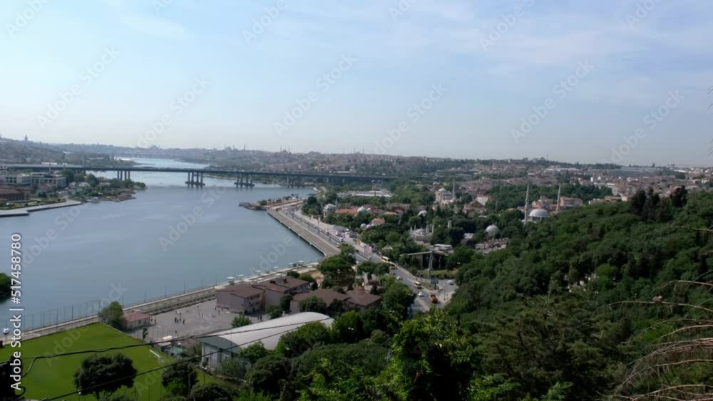 Wide Eyupsultan view from Pierre Loti, 4k 60 fps video of Eyup, Golden Horn with skyline, trees with blue sky, beatiful landscape in Istanbul Wide Eyupsultan view from Pierre Loti, 4k 60 fps video of Eyup, Golden Horn with skyline, trees with blue sky, beatiful landscape in Istanbul