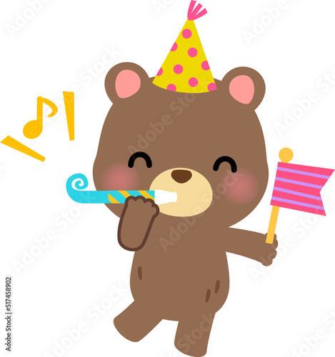 吹き戻しを吹く陽気なクマのキャラクター