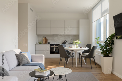 modern living room with open plan, kitchen with a dining table in the living room