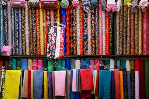 Photography Hanbok fabric in a shop for handmade traditional korean cloths in Dongdaemun Mar