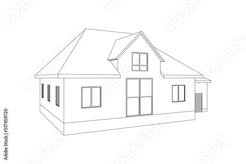Vector wireframe perspective of luxury modern house exterior. 3D vector model of cottage isolated on white background.