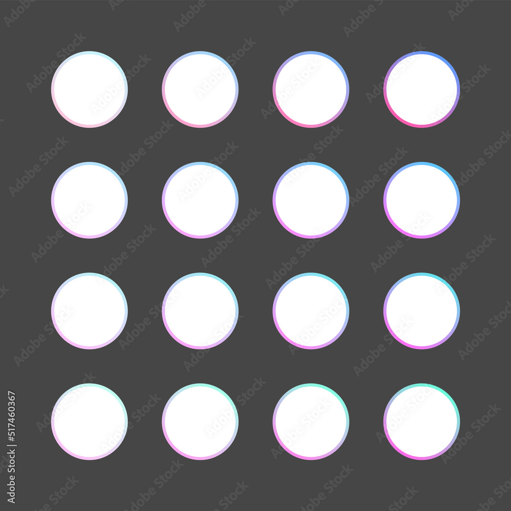 紫と水色のグラデーションがかかった16パターンの丸いフレームのセット