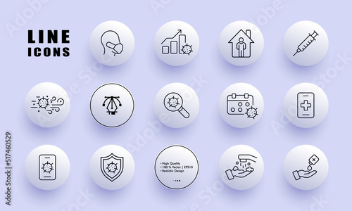 Germs and viruses protection set icon. Mask, wash hands, injection, stay at home, shield, magnifier, phone, call the doctor, antiseptic. Healthcare concept. Neomorphism. Vector line icon for Business