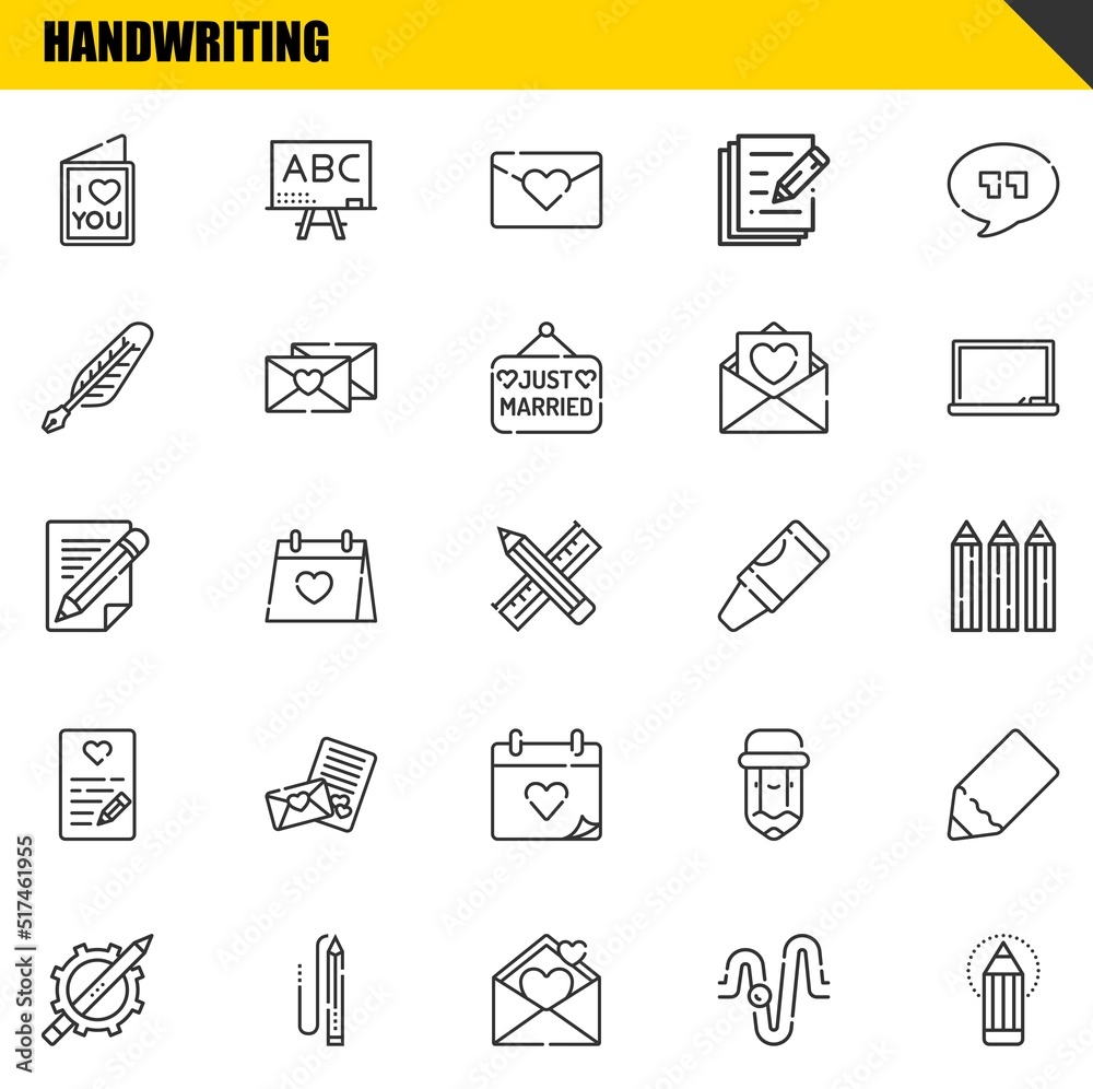 handwriting vector line icons set. love letter, pencil and pencil Icons. Thin line design. Modern outline graphic elements, simple stroke symbols stock illustration handwriting vector line icons set. love letter, pencil and pencil Icons. Thin line design. Modern outline graphic elements, simple stroke symbols stock illustration