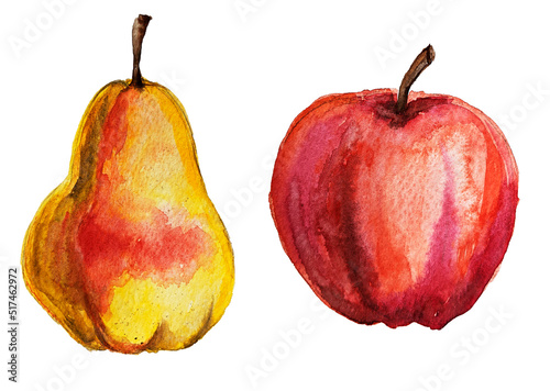 Hand drawn watercolor pear. Watercolor apple. Autumn fruits. Healthy food. Vitamins. Hand drawn watercolor autumn set of fruits. October. November. Season. Elements for creating decor.