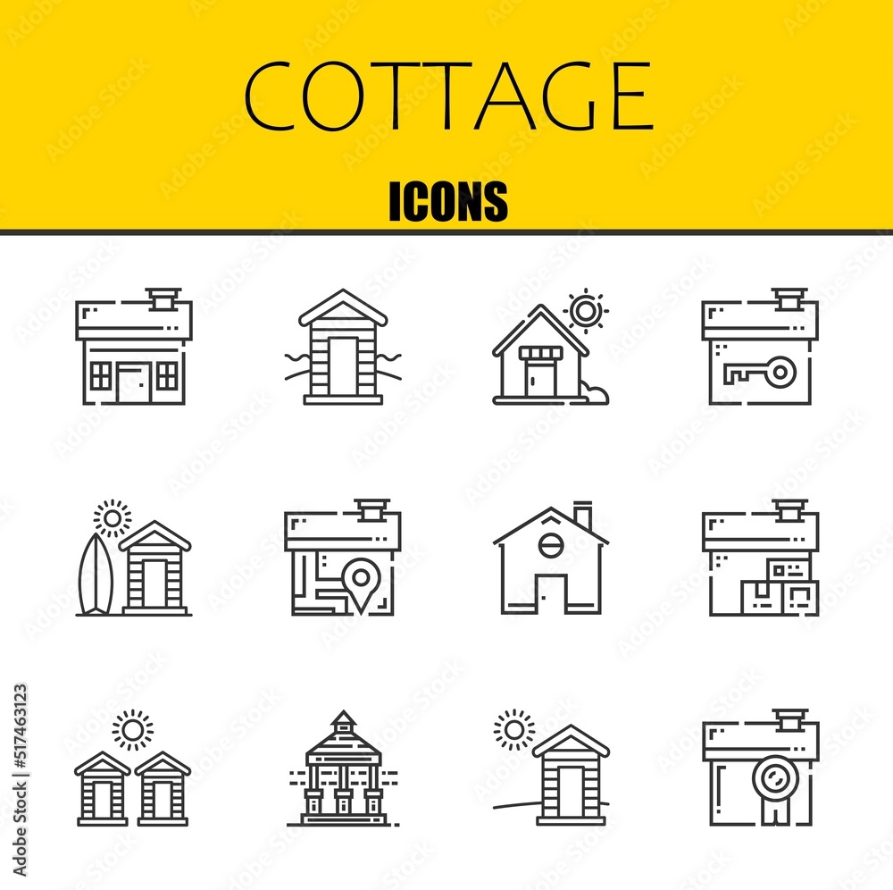 cottage vector line icons set. house, cabin and house Icons. Thin line design. Modern outline graphic elements, simple stroke symbols stock illustration