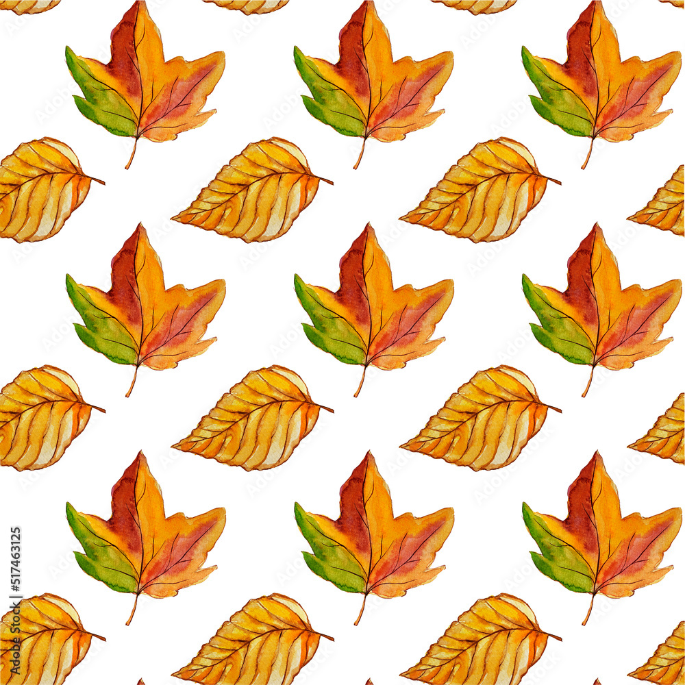 Hand drawn watercolor seamless pattern of leaves. Autumn watercolor leaves. Texture. Autumn. Painted leaves. Autumn seamless pattern. Textile print. October. November.