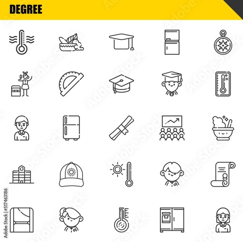 degree vector line icons set. thermometer, toga and student Icons. Thin line design. Modern outline graphic elements, simple stroke symbols stock illustration