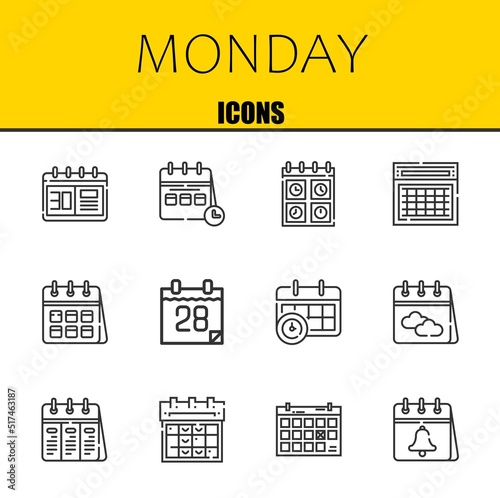 monday vector line icons set. calendar, calendar and calendar Icons. Thin line design. Modern outline graphic elements, simple stroke symbols stock illustration